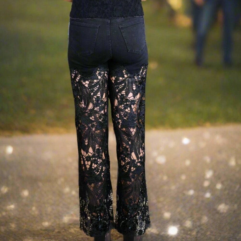 NWT Bayeas Lesley Black High Rise Lace Wide Leg Jeans with Rhinestones - Picture 7 of 12
